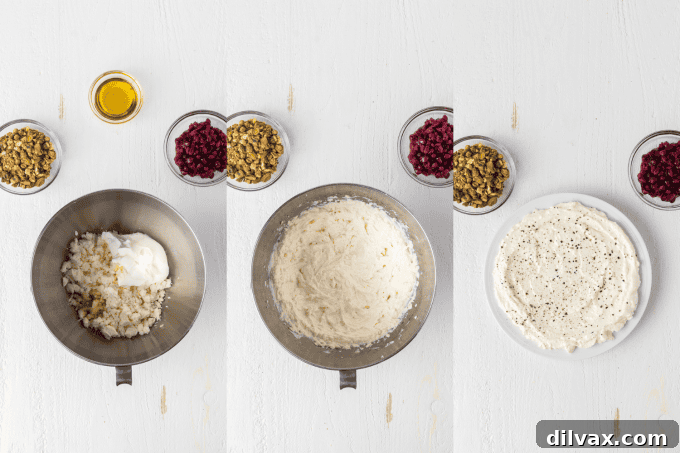 Step-by-step process photos showing how to make whipped feta cheese dip.