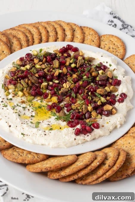 A bowl of creamy whipped feta cheese served with colorful pomegranate arils and chopped pistachios.