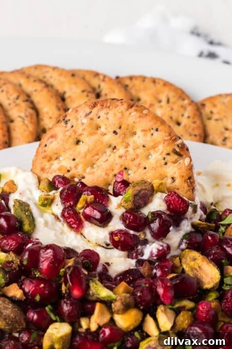 A large serving of whipped feta cheese, garnished with fresh pomegranate arils and chopped pistachios.