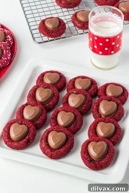 Chocolate cookies covered in red sprinkles with a chocolate heart for Valentine's Day.