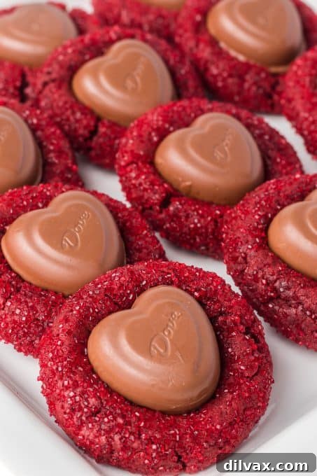 Chocolate hearts on red velvet cookies for Valentine's Day.
