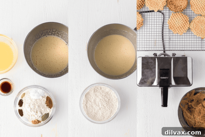 A series of process photos showing how to make Chai Pizzelles, from batter to finished cookies.