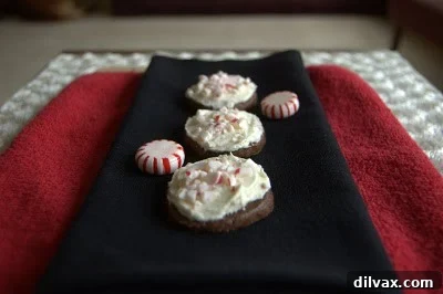 Close-up of a stack of freshly baked Chocolate Peppermint Frosted Cookies.