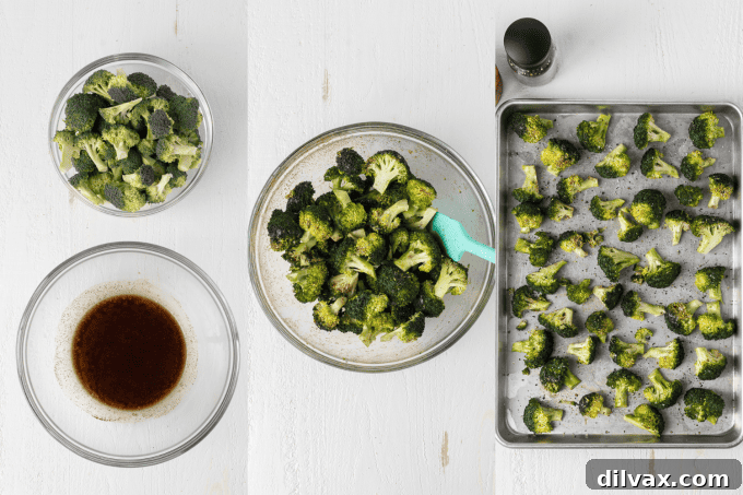 Garam Masala Roasted Broccoli 5 Process photos showing broccoli being coated with Garam Masala spice mix in a bowl.