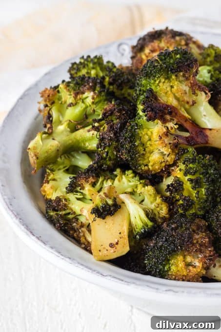 Garam Masala Roasted Broccoli 9 A close-up of oven-roasted broccoli with a beautiful char.
