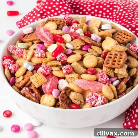 A bowlful of Valentine's Day Snack Mix.