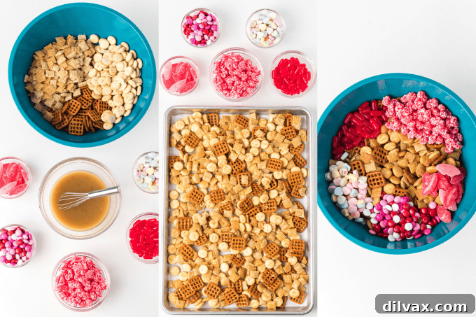 Cupid's Crunch Mix 5 Collage of step-by-step photos showing the process of making Valentine Snack Mix, from mixing ingredients to coating with glaze.