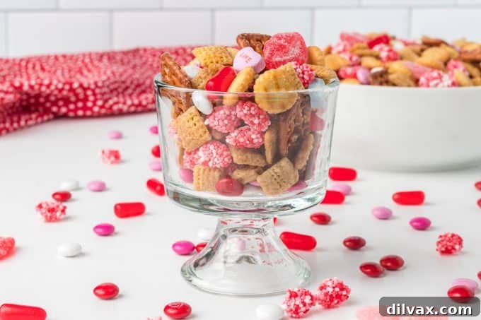 Cupid's Crunch Mix 9 A large bowl of Valentine Snack Mix, ready for serving or gifting.