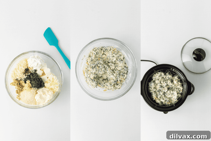 Warm & Cheesy Slow Cooker Spinach Artichoke Dip 5 Step-by-step process photos showing ingredients being mixed in a bowl and then transferred to a slow cooker for Crockpot Spinach and Artichoke Dip.