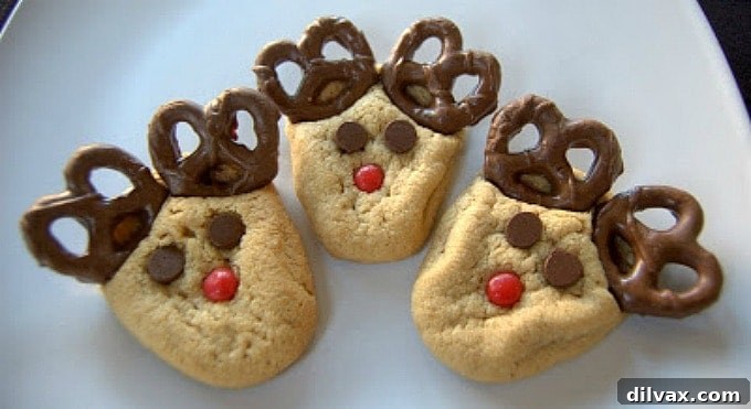 Finished Peanut Butter Reindeer Cookies displayed on a festive platter.