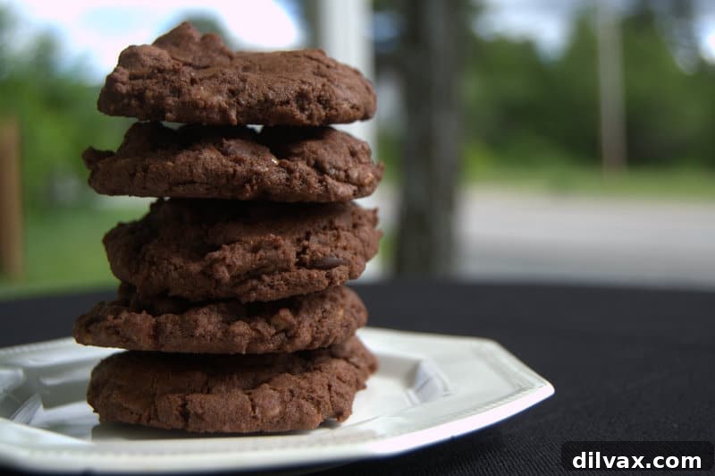 Close-up of a Double Chocolate Toffee Cookie, showcasing dark chocolate chips and visible toffee bits.