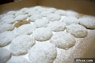Freshly baked Mexican Wedding Cookies being dusted with confectioners' sugar