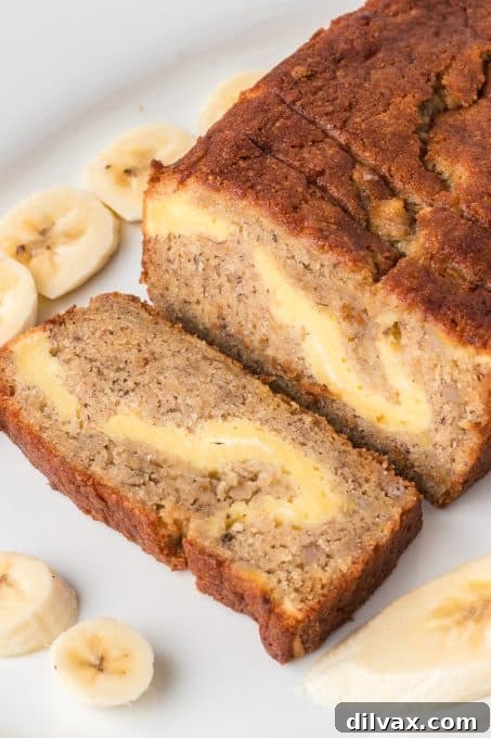 Banana bread with a sweet cream cheese filling.