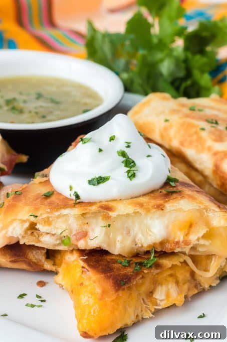 A perfectly cooked chicken and cheese quesadilla, sliced into triangles and ready to be served.