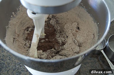 Chocolate Peppermint Shortbread Day 2 of 12 Festive Cookies 7 Flour and cocoa mixture being gradually added to wet ingredients on low speed