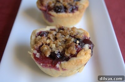 A bite-size pie filled with a fresh blueberry and cherry filling covered with a crumb topping.