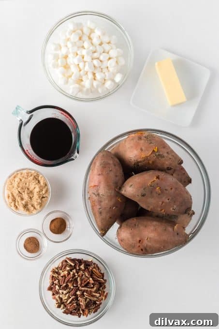 Ingredients for Molasses Glazed Sweet Potatoes laid out on a table.