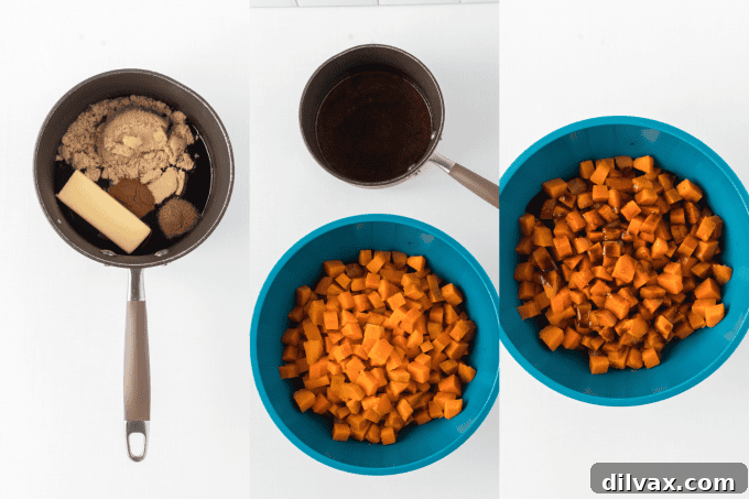 First set of process photos for Molasses Glazed Sweet Potatoes, showing boiling and peeling.