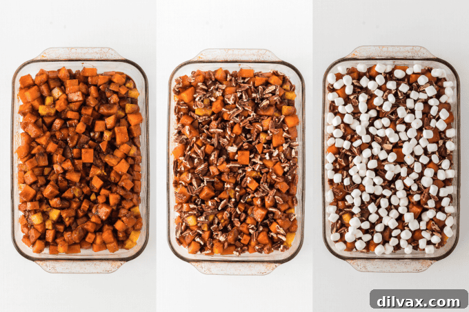 Second set of process photos for Molasses Glazed Sweet Potatoes, showing glazing and topping.