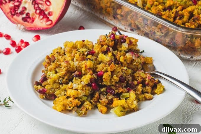 Jeweled Stuffing 2 Pomegranate Stuffing, beautifully garnished and ready for a festive meal