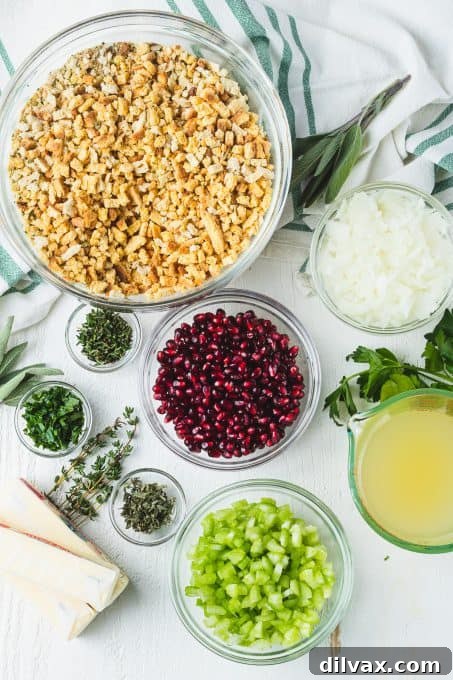 Jeweled Stuffing 4 Selection of fresh ingredients for making pomegranate stuffing, including pomegranate arils, celery, onion, and herbs.