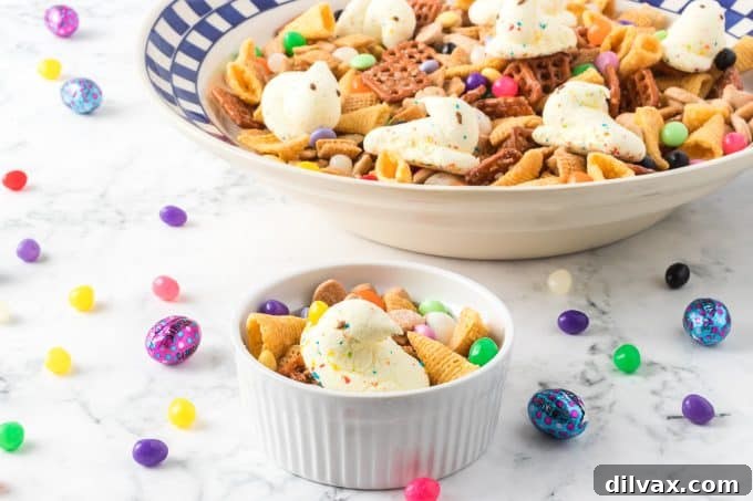 Vibrant Easter Chex Mix in a bowl, perfect for holiday snacking and celebrations.