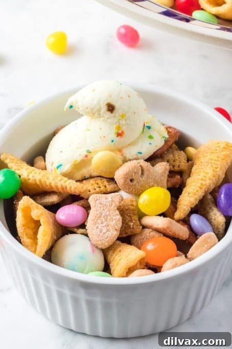 A festive bowl of Easter Chex Mix, brightly colored and ready to be served or packed as a thoughtful gift.
