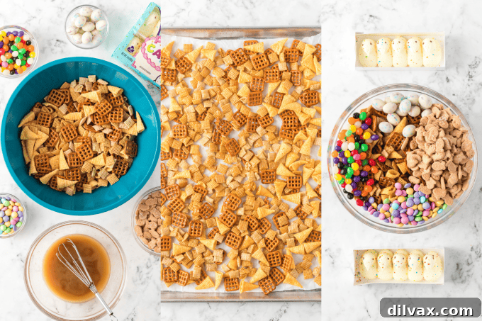 Process photos illustrating the step-by-step creation of Easter Chex Mix, from initial mixing to the final baked product.