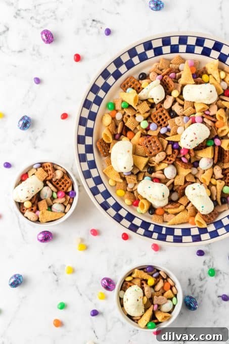 Crunchy pretzels, Chex cereals, Bugles, and an assortment of colorful Easter candies combined in a fast and easy snack mix.