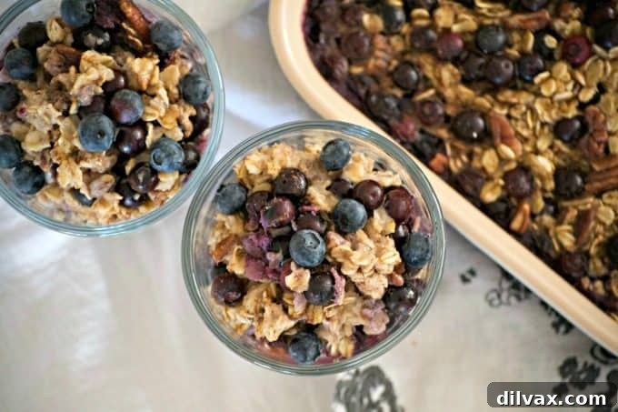 Sunrise Blueberry Baked Oats 2 Baked Blueberry Oatmeal with rolled oats, chopped pecans, cinnamon, honey, and milk, served in a dish with a spoon.