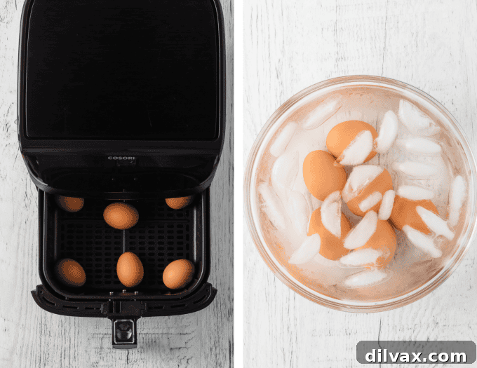 Step-by-step process photos for making Air Fryer Hard Boiled Eggs, showing placement and ice bath.
