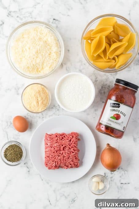 Ingredients for Easy Stuffed Shells with Cottage Cheese laid out on a table
