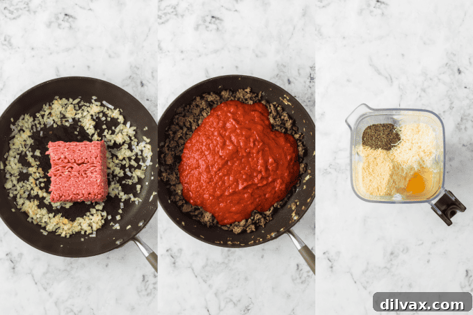 First steps of making Easy Stuffed Shells with Cottage Cheese: cooking pasta and browning ground beef