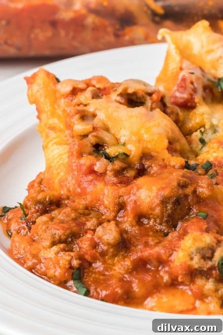 Stuffed pasta shells with creamy cottage cheese filling, close-up