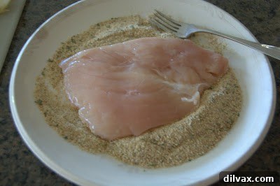Harvest Apple and Cheesy Chicken Bake 3 Chicken breasts perfectly coated in Italian bread crumbs, ready for the next step