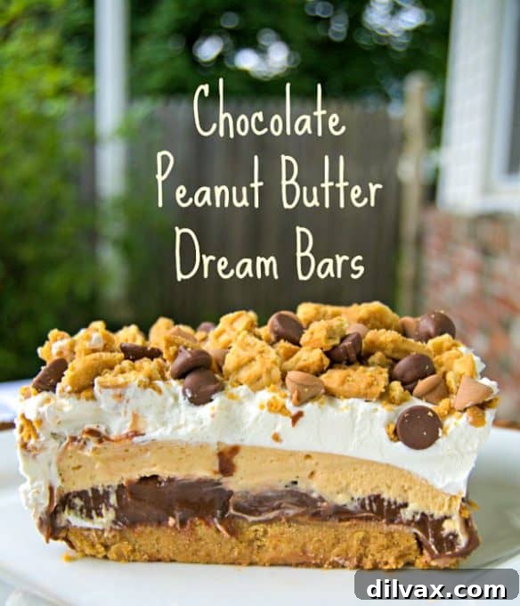 NO BAKE Chocolate Peanut Butter Dream Bars ready to serve.