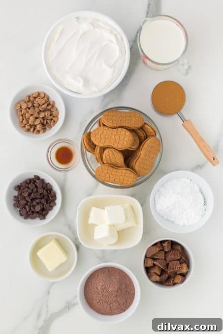 Ingredients for No Bake Chocolate Peanut Butter Dream Bars laid out