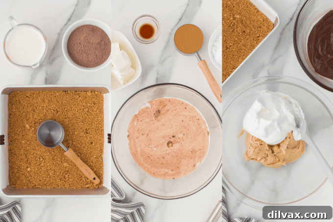 First set of No Bake Chocolate Peanut Butter Dream Bars process photos showing crust and cream cheese layer