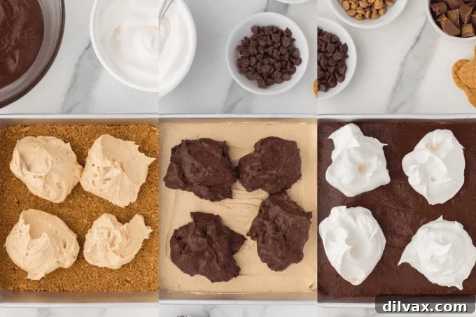 Second set of No Bake Chocolate Peanut Butter Dream Bars process photos showing layered assembly