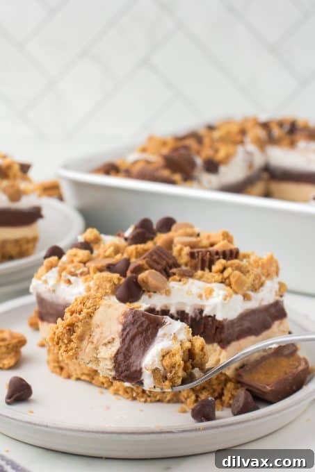 A forkful of no bake peanut butter chocolate dessert showing layers