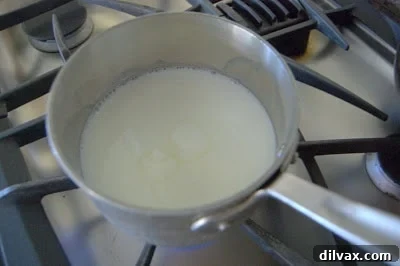Warm milk mixture in a saucepan, cooling down.