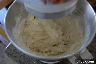 More flour added to the dough, being mixed.