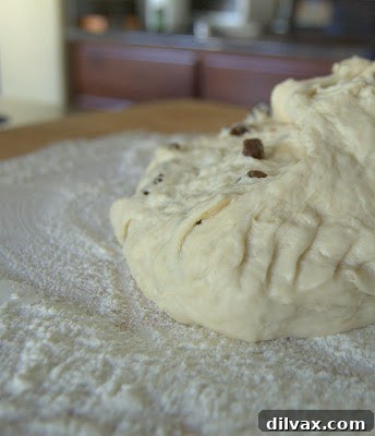 Dough being kneaded on a lightly floured surface.