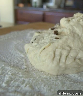 Dough with raisins being kneaded on a floured surface.