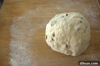 Dough resting on a floured surface.