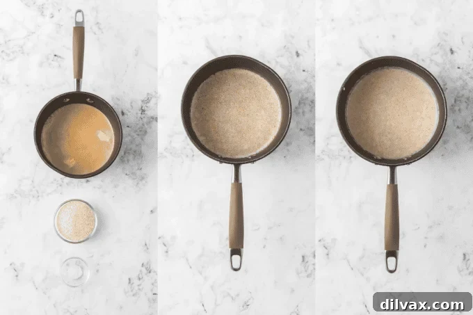 Step-by-step photos showing the process of making Cream of Wheat®: heating milk, stirring in farina, and reducing heat.