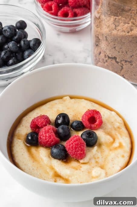 A bowl of warm breakfast cereal adorned with a vibrant array of berries, ready to be enjoyed.
