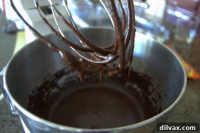 Melted chocolate mixture being added to the egg and sugar mixture and blended.