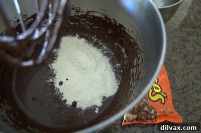 Flour mixture being added to the chocolate batter and gently combined.