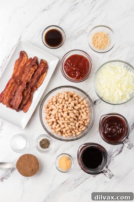Sweet & Savory Bean Bake 4 All the essential ingredients for homemade baked beans laid out on a kitchen counter.